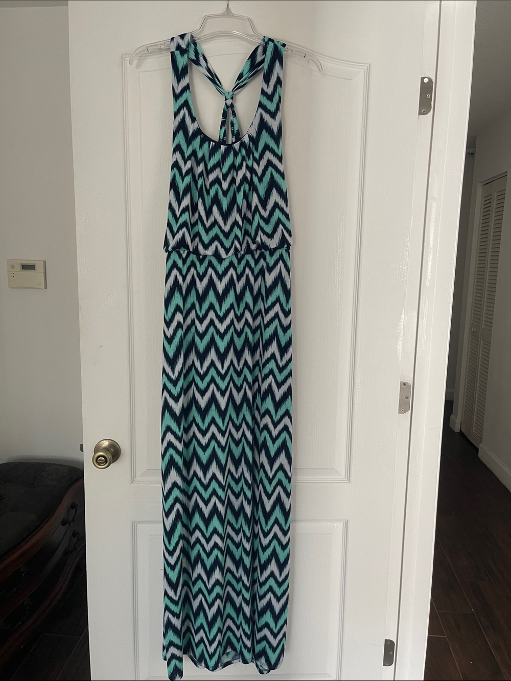 Three Hearts Chevron Print Maxi Dress in Teal, Navy & White